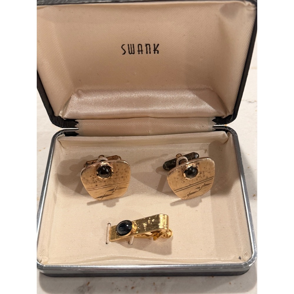 Vintage Swank‎ Cufflinks and Tie Clip Set Gold Tone Black Cabochon with Box